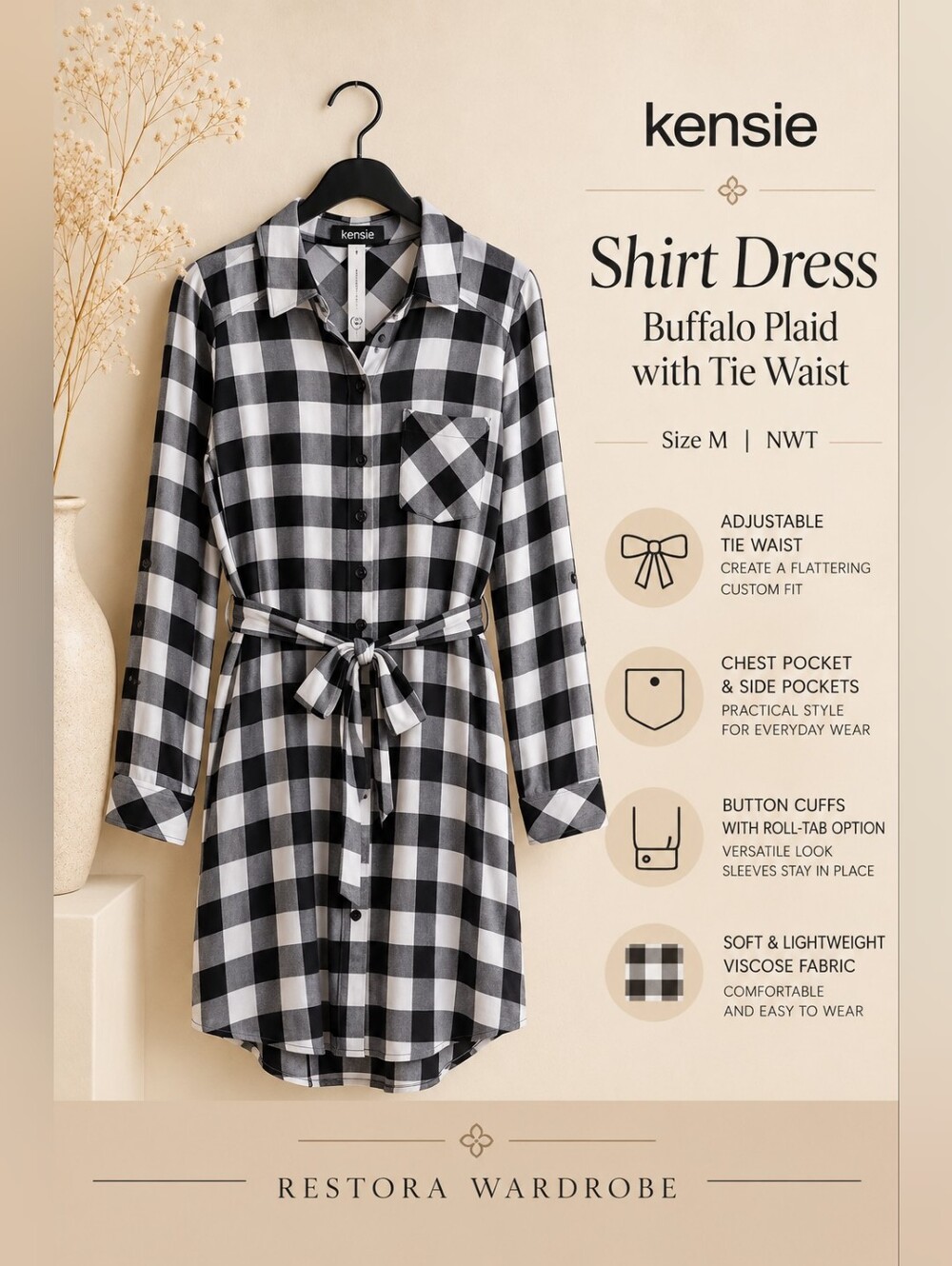 Kensie Shirt Dress Black Gray Buffalo Plaid Belted Heritage Preppy Size M